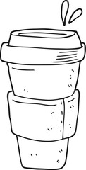 freehand drawn black and white cartoon coffee cup