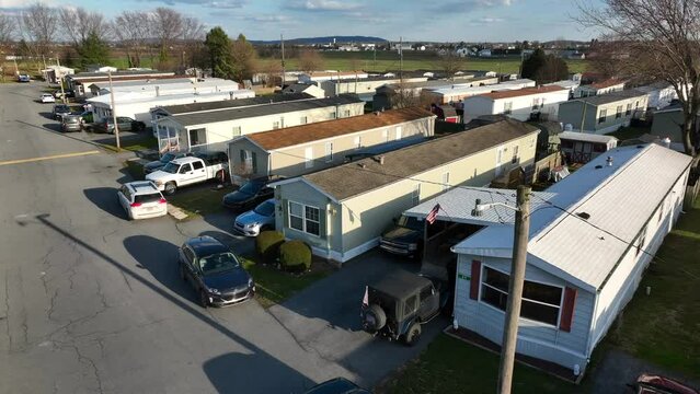 Trailer mobile housing. Aerial view of poverty in America, working poor theme.