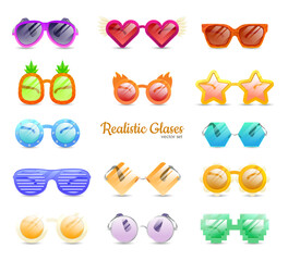 Glasses colorful vector set illustration. Carnival Glasses Realistic Set. Glasses summer symbol. Glasses set for traveling design.
