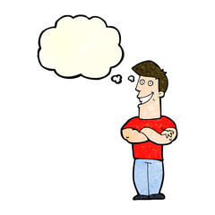 cartoon grinning man with thought bubble