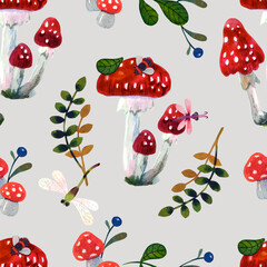 The Seamless watercolor pattern with fly agaric, amanita, leaves, butterflies, and dragonflies on a light background. Fabric, texture, bed linen background, wallpaper, napkins, wrapping paper. 