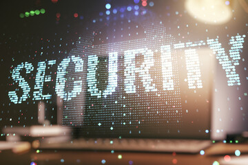 Cyber security creative concept on modern laptop background. Double exposure