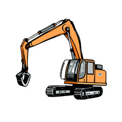 Orange heavy duty jobsite excavator with grabbing claw attachment