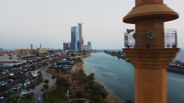 Overtake Shot Of Beautiful Mosque Located In Jeddah Stunning Waterfront, Saudi Arabia
