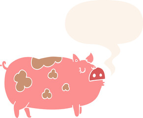 cartoon pig with speech bubble in retro style