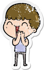 distressed sticker of a cartoon happy man