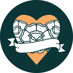 iconic tattoo style image of a heart and banner with flowers