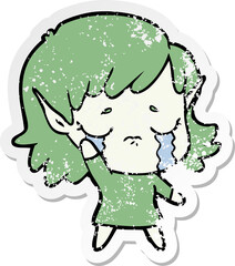 distressed sticker of a cartoon crying elf girl