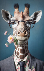 Fashion Portrait of Giraffe Eating Flowers, Created with Generative AI Technology
