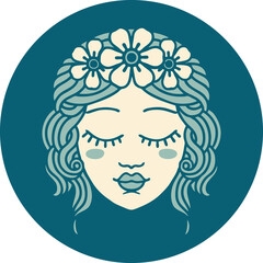 iconic tattoo style image of female face with eyes closed