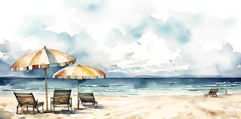 Fototapeta na wymiar Beautiful beach banner. White sand, chairs and umbrella travel tourism wide panorama background concept. Amazing beach watercolor landscape watercolor painting