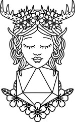Black and White Tattoo linework Style elf druid character with nautral twenty dice roll