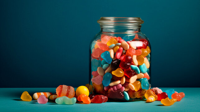 Numerous candies of various shades and shapes overflowing a glass jar. Generative AI,