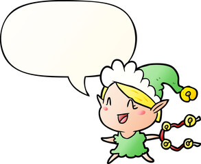 cartoon happy christmas elf with speech bubble in smooth gradient style