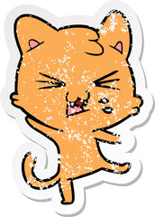 distressed sticker of a cartoon hissing cat