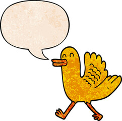 cartoon duck with speech bubble in retro texture style