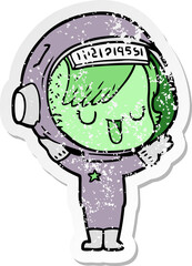 distressed sticker of a cartoon astronaut woman