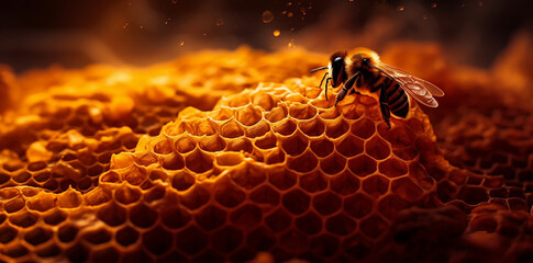 macro view of honeycomb with detail of bee with a beautiful hive