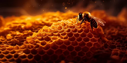 Foto op Aluminium macro view of honeycomb with detail of bee with a beautiful hive © StockSavant