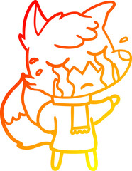 warm gradient line drawing of a crying fox cartoon