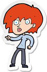 sticker of a cartoon surprised woman pointing