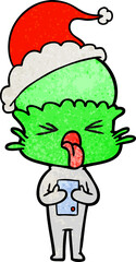 disgusted hand drawn textured cartoon of a alien wearing santa hat