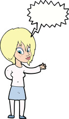 cartoon woman making welcome gesture with speech bubble