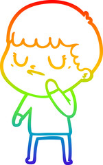 rainbow gradient line drawing of a cartoon grumpy boy