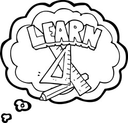 freehand drawn thought bubble cartoon pencil and ruler under Learn symbol