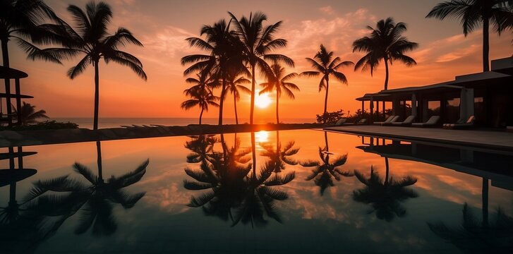 Palm trees and reflection in swimming pool, beach hotel, sunset