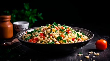 Tabbouleh salad on a black table. Levantine vegetarian salad with couscous in a bowl with parsley, mint, bulgur, tomato. Generative AI, - obrazy, fototapety, plakaty