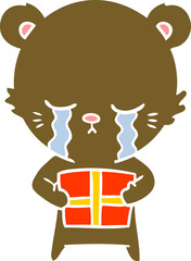 crying flat color style cartoon bear with present