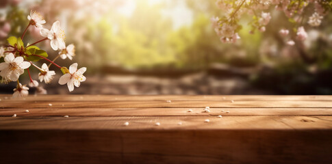 Empty wooden table in spring cherry orchard during sunny day. Spring background with empty wooden table. Natural template for product display with cherry blossoms bokeh and sunlight. 