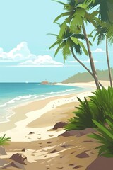 Flat illustration of a tropical beach. Generative ai.