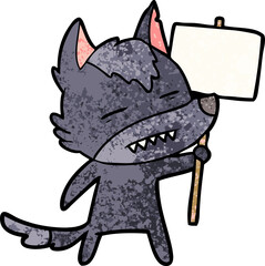 cartoon wolf with sign post showing teeth