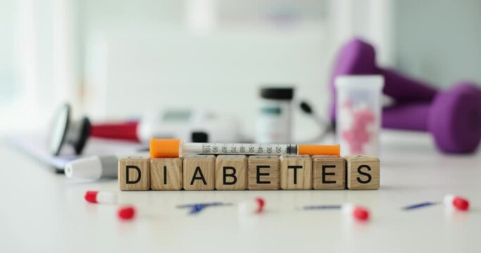 Word diabetes with insulin syringe lancet and pills. Effective treatment for diabetes