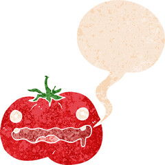 cartoon tomato with speech bubble in grunge distressed retro textured style