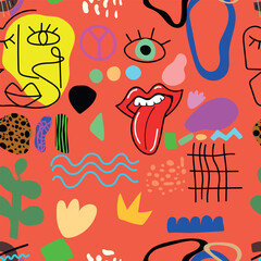 Psychedelic trippy seamless pattern. line, spots, lips, abstract figure.Vector cartoon endless design. Hippie background