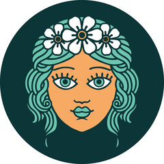 iconic tattoo style image of female face with crown of flowers