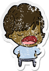 distressed sticker of a cartoon woman talking