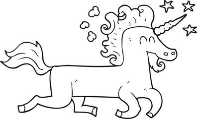 freehand drawn black and white cartoon unicorn