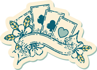 iconic distressed sticker tattoo style image of cards and banner
