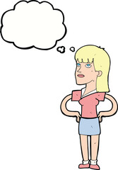 cartoon woman with hands on hips with thought bubble