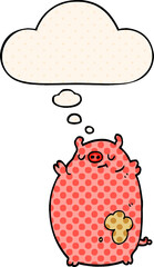 cartoon fat pig with thought bubble in comic book style
