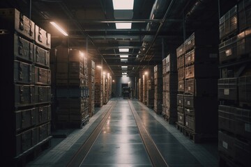 Indoor facility for storing and distributing goods with boxes, shelves, barricades & concrete flooring. Generative AI