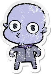 distressed sticker of a cartoon weird bald spaceman