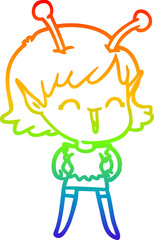 rainbow gradient line drawing of a cartoon alien girl laughing