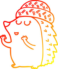 warm gradient line drawing of a cartoon hedgehog wearing hat