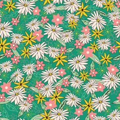 Green doodle Flowers seamless pattern background. White, pink, and yellow summer flowers pattern. Doodle floral pattern.