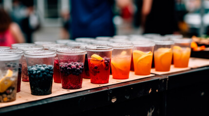 Fototapeta na wymiar Cocktails at a street food festival close-up. Generative AI,